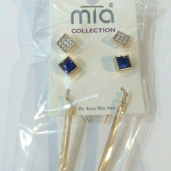 3/$10 Gold Tone Blue Square & Dangle Earrings 3pc - Picture 2 of 6